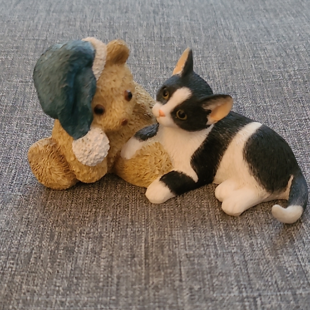 Handcrafted Kitten With Teddy Bear Figurine.